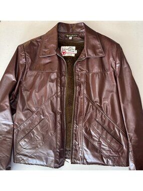 70s Sears The Leather Shop Brown Leather Jacket Zip-Out Faux Fur Liner Mens 42